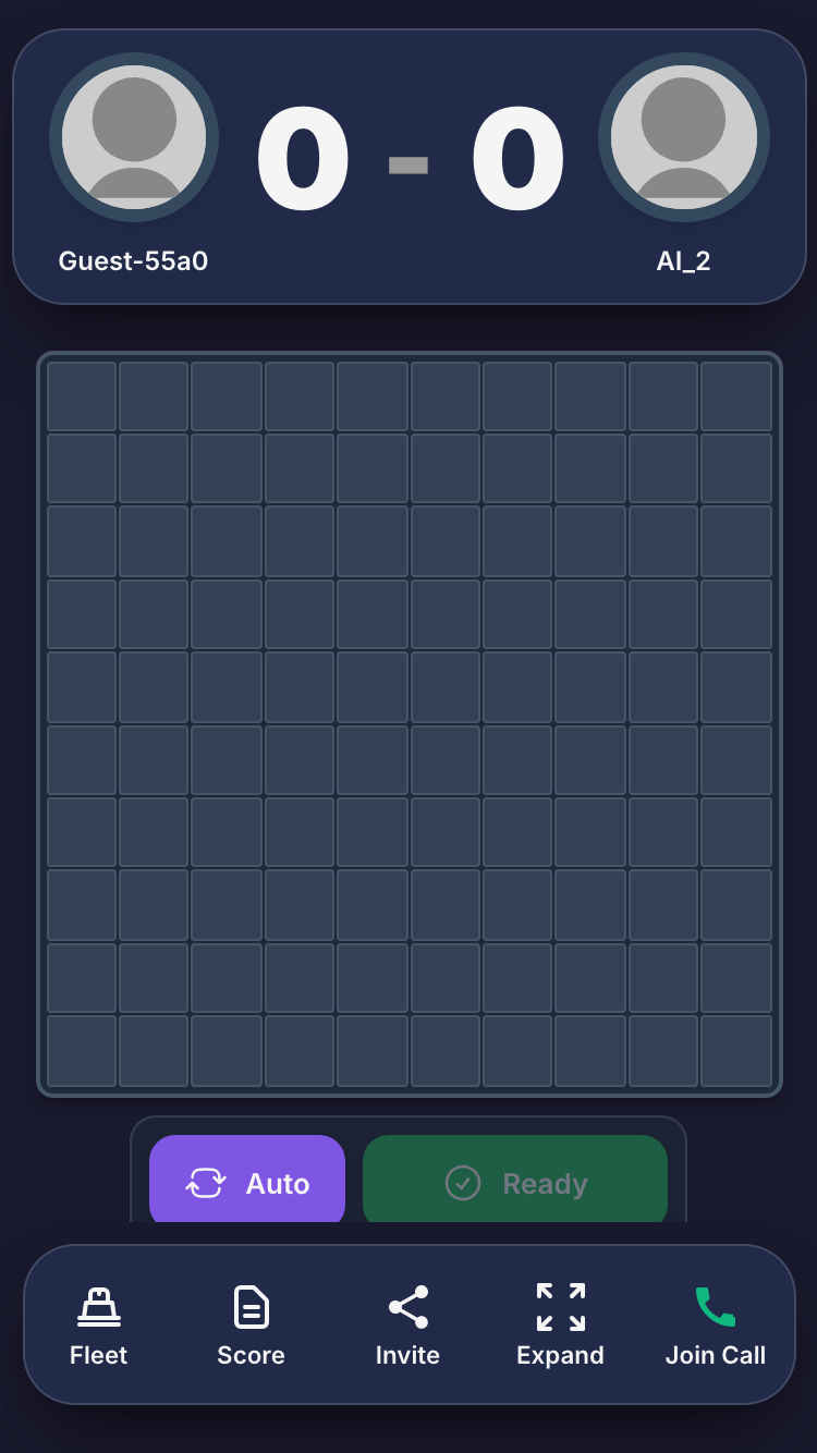 Battleship fleet placement grid ready for a game against AI