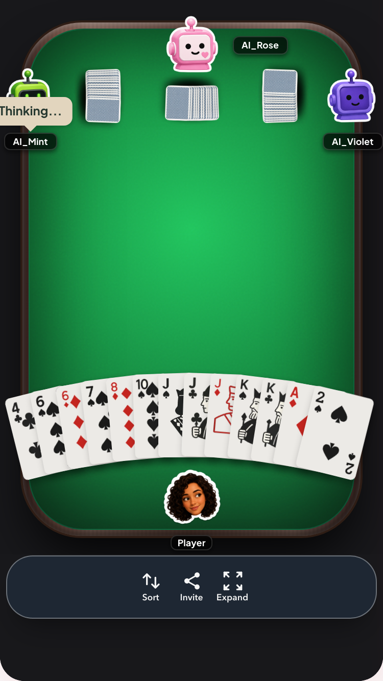 Big Two table with a thirteen-card hand and three AI opponents