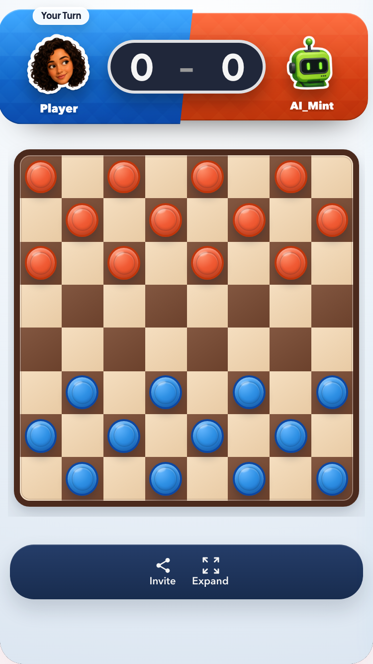 Checkers board with red and blue pieces ready to play